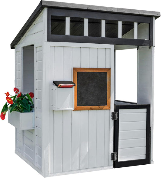 Caraway Cottage White Cedar Wooden Kids Playhouse with Play Kitchen, Chalkboard, Mailbox, Half Door, Windows, Flower Box, Modern Farmhouse Design for Outdoor Imaginative Play