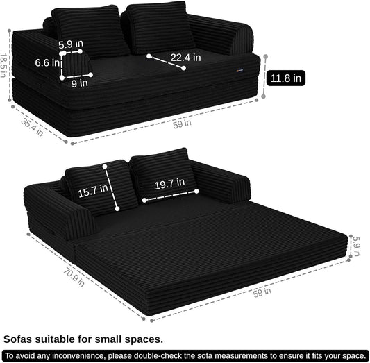 Convertible Sofa Bed, Folding Floor Couch Corduroy Fold Out Couch Bed Futon Sleeper Mattress with Pillows, Boneless Sofa Comfy Lounge Loveseat for Living Room Bedroom, Plush Black