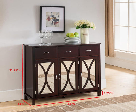 Rutheron Buffet Server Cabinet / Console Table, Mirrored Doors, Espresso