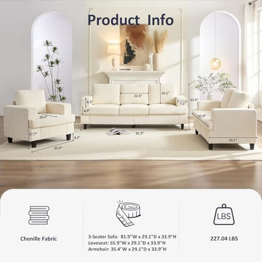 6 Seat Chenille Sectional Sofa Set for Living Room Furniture Set,3 PCS Modern Couch Set,82" Width 3 Seat Couch & Loveseat & Armchair with Solid Wood Legs and Thick Cushion(3+2+1Seat/Beige)