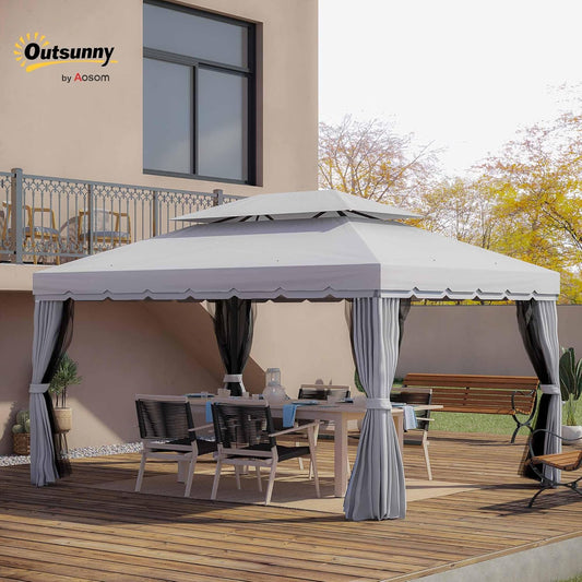 10' X 13' Patio Gazebo, Outdoor Gazebo Canopy Shelter with Netting and Curtains, Aluminum Frame for Garden, Lawn, Backyard and Deck, Light Gray