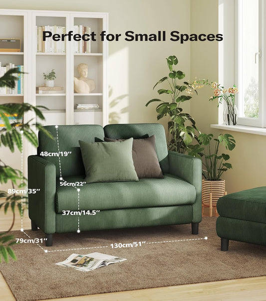 Loveseat Sofa, 51" Love Seat, Comfy Corduroy Small Loveseat for Small Spaces, Tool-Free Setup Couch for Bedroom, All-Wood Couches for Living Room, No Pillow Included, Green