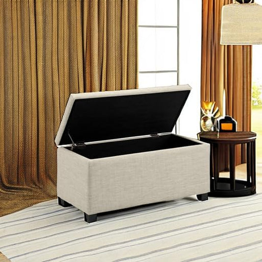 Upholstered Storage Rectangular Ottoman and Entryway Bench, Polyester, Beige, 35.5"W X 16.5"D X 17"H