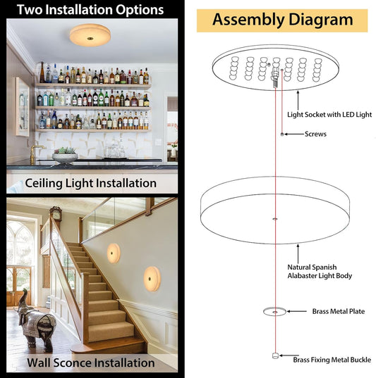 Alabaster Ceiling Light,15.7In Spanish Natural Marble round Alabaster Flush Mount,Modern 2700K LED Kitchen Ceiling Lights Hardwired for Bedroom,Foyer,Bathroom,Entryway,Living Room