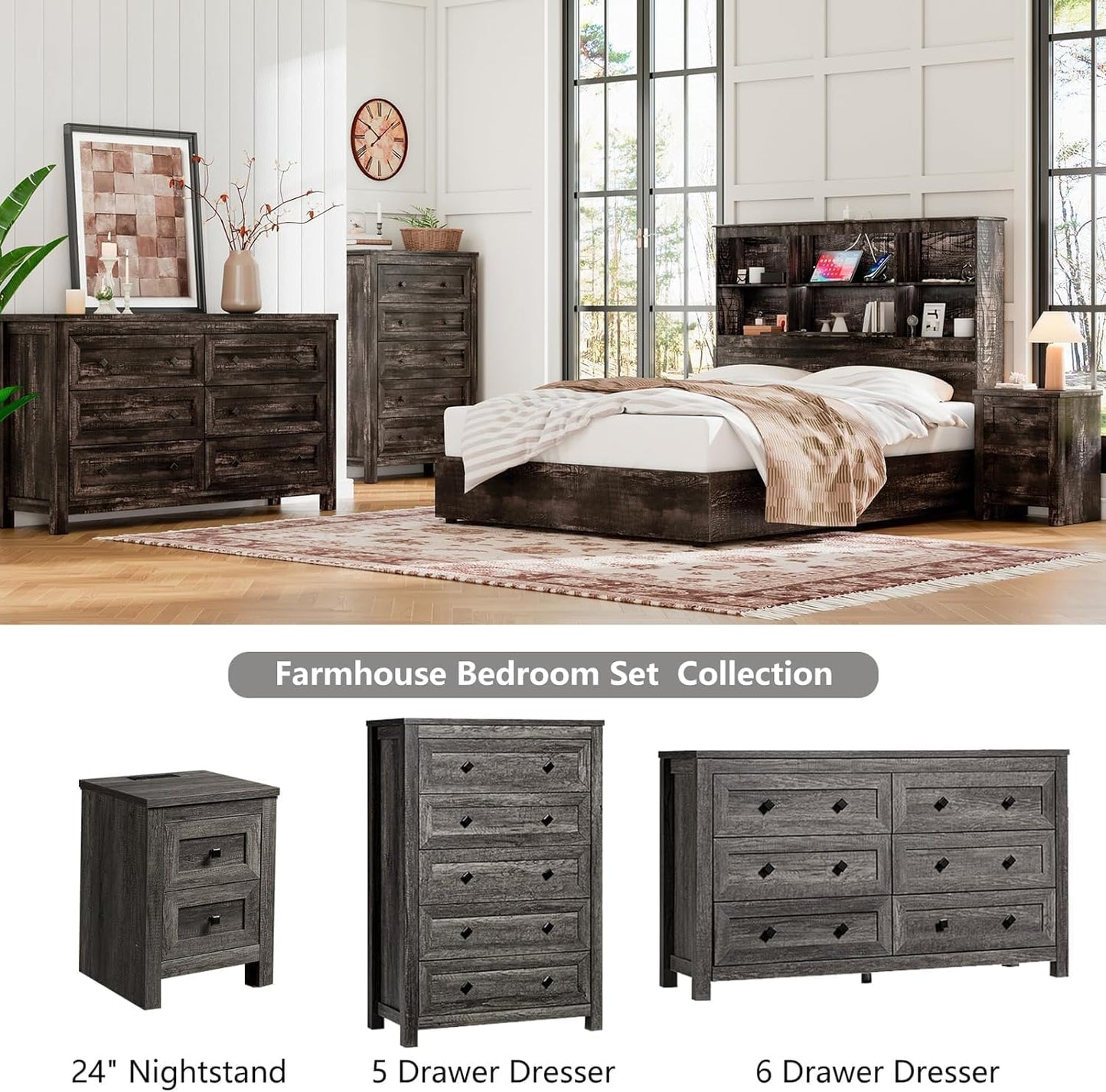 5-Piece Farmhouse Bedroom Set, 1 X Queen Size Bed Frame, 1 X 5 Drawer Dresser, 1 X Wood Rustic 6 Drawer Storage Dresser, Nightstand Set of 2 with Charging Station, Bedroom Furniture Set, Grey