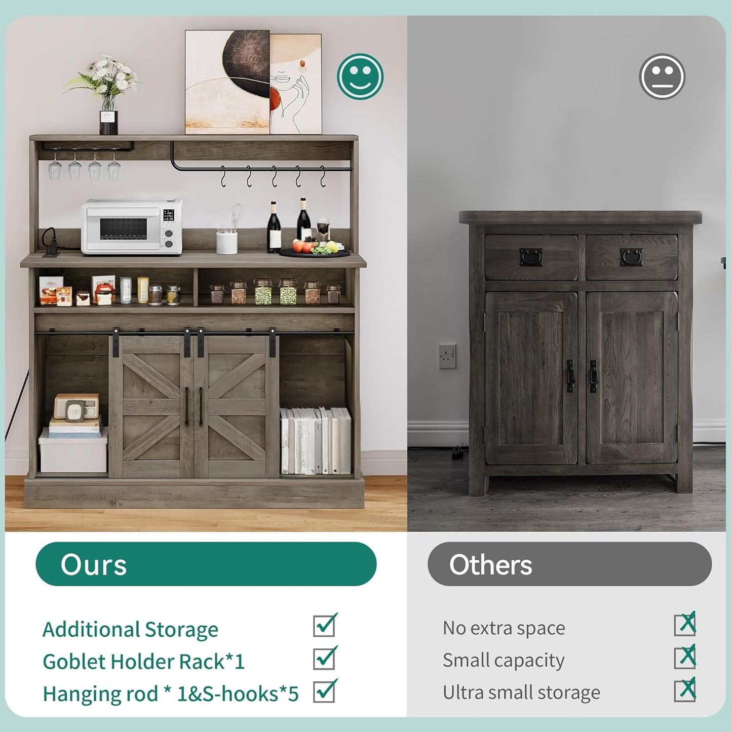 Buffet Cabinets with Storage, 47" Coffee Bar with Goblet Holder & Power Outlet, Farmhouse Sideboard Cabinets with Sliding Barn Doors for Kitchen, Living Room (Rustic Grey Oak)