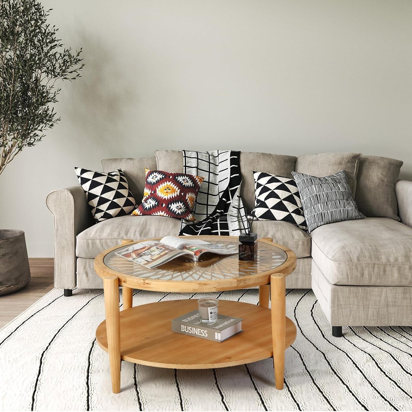 Rattan Coffee Tables,2-Tier round Boho Cocktail Tables, Mid Century Modern Coffee Table with Rattan & Tempered Glass Top and Wood Legs, Sofa Table for Living Room(Natural)