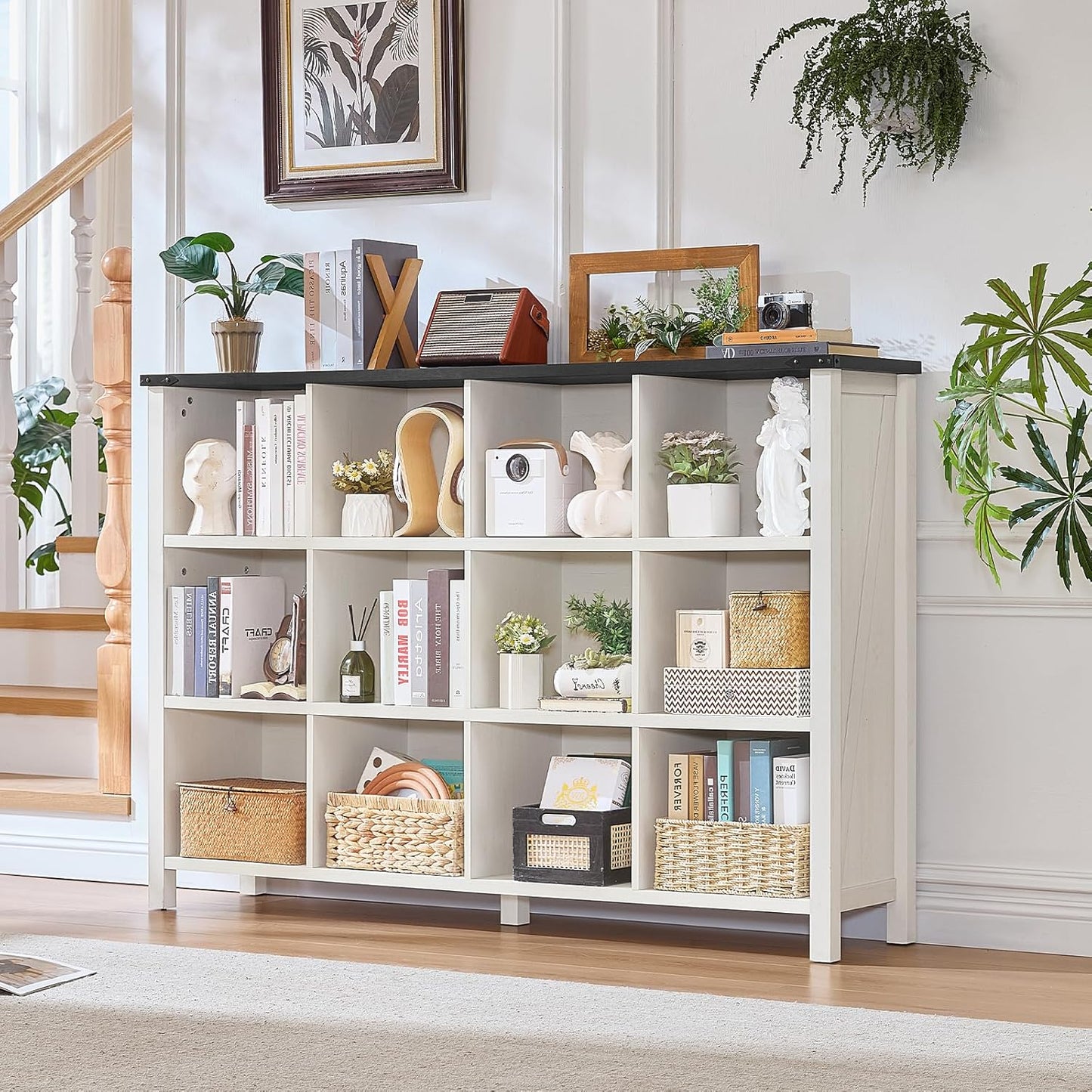 12 Cube Storage Organizer, Farmhouse 62 Inch Warm White Display Bookshelf, Wooden 3 Tier Large Open Book Shelf, Modern Bookcase for Home Office, Rustic Cubby Cabinet for Living Room, Bedroom