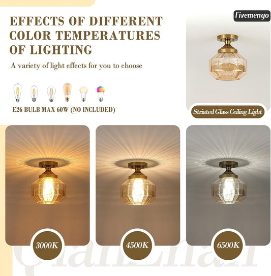 9In Semi Flush Mount Ceiling Light Fixture, Small Vintage Striated Glass Kitchen Lighting Fixtures Ceiling Mount for Entryway Hallway Bedroom Dining Room Bathroom Foyer Laundry (Amber)