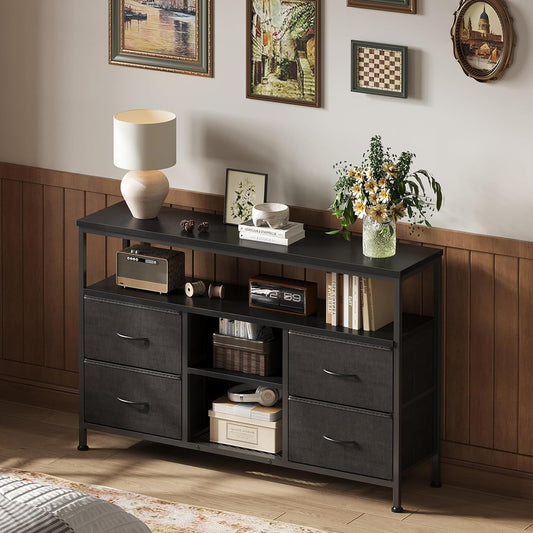 TV Stand Dresser for Bedroom 4 Drawers Entertainment Center with LED Lights and Power Outlets Media Console for 50 Inch TV Living Room Furniture with Open Shelf Adjustable Feet, Black