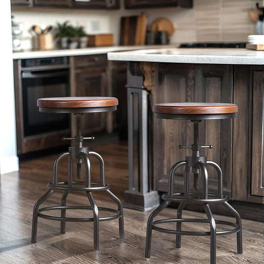 Vintage Industrial Bar Stool-Rustic Swivel Barstools-Round Wood Metal Base-Kitchen Counter Height Adjustable Pipe Stool-Cast Steel Chairs 20-27 Inch (Set of 2)