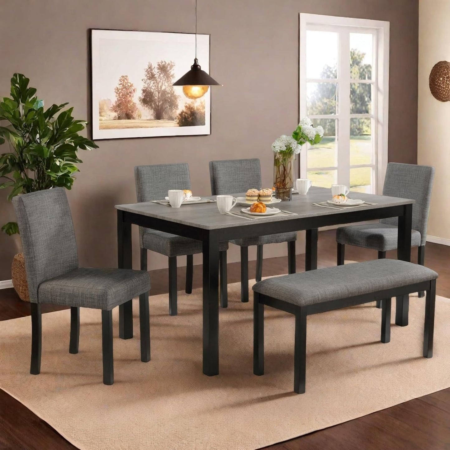 Dining Table Set for 5, Modern 6 Piece Dining Room Table Set with Rectangular Table 4 Upholstered Backrest Chairs and a Bench, Counter Height Kitchen Sets with Wood Grain Surface, Black