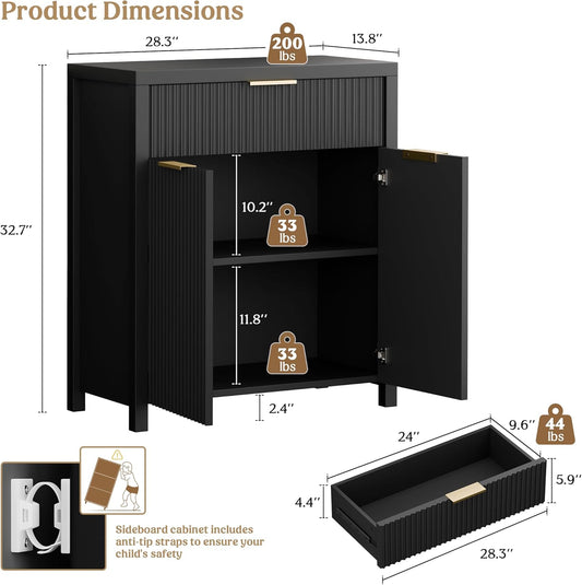 Black Fluted Storage Cabinet with Drawers Buffet Sideboard Cabinet with Adjustable Shelves for Kitchen Living Room, Kitchen, Entryway