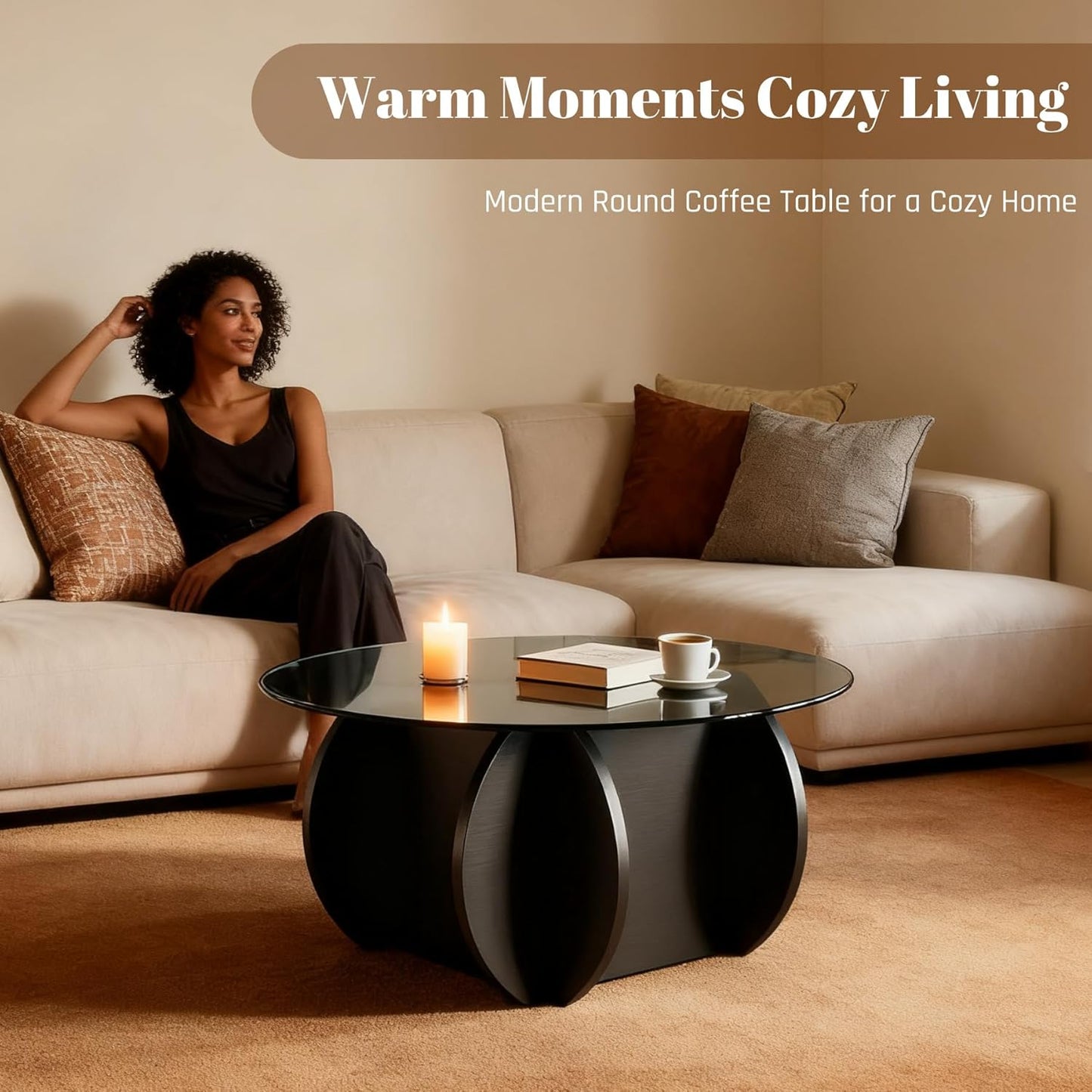 round Glass Coffee Table, 30.7" Small Coffee Table with Tempered Glass Top and Wood Grain Base, Modern Circle Coffee Table for Living Room, Easy Assembly, Black