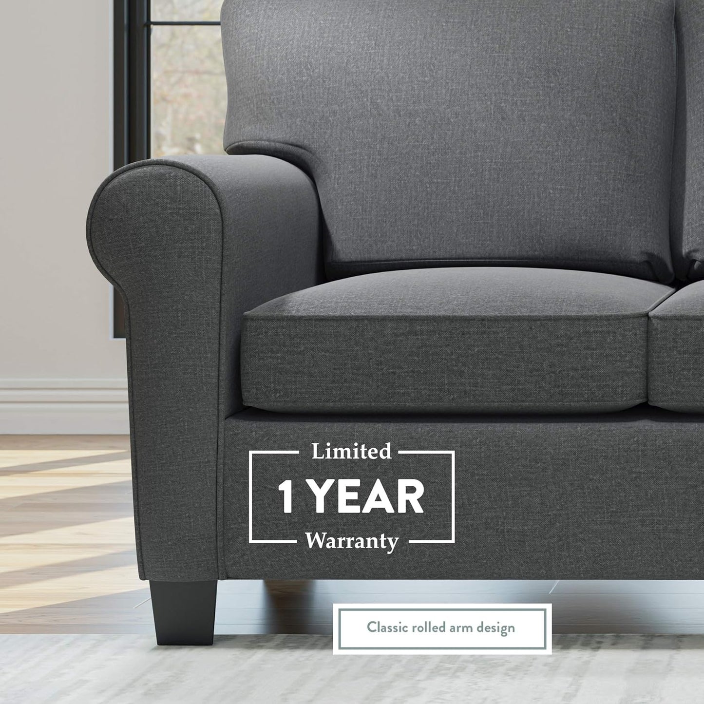 Willow Upholstered Loveseat with Rolled Arms – Living Room Furniture – Charcoal Small Loveseat - Seats Two – Loveseat for Small Spaces