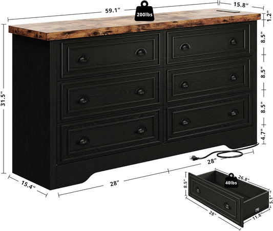 Farmhouse Bedroom Set, Power Strip, 4 Pieces Bedroom Furniture Set, 5 Drawer Dresser & 6 Drawer Dresser and 2 Nightstands, Chest of Drawers Wide Storage Cabinet for Bedroom, Black