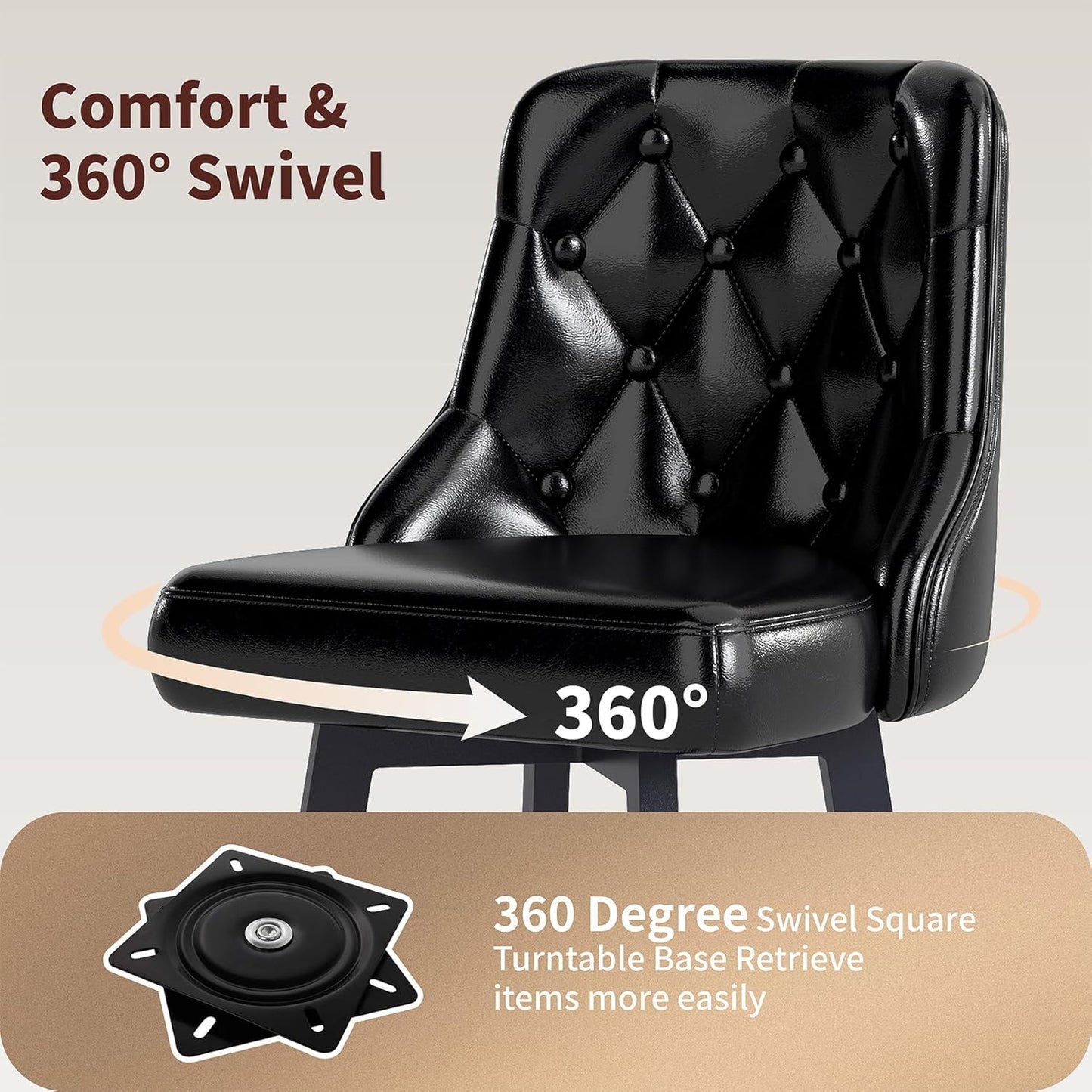 Swivel Barstools Set of 4, 26’’H Modern Counter Height Barstool with Metal Legs,Faux Leather Upholstered Bar Stools with Back for Kitchen Island, Dining Room, Pub - Black