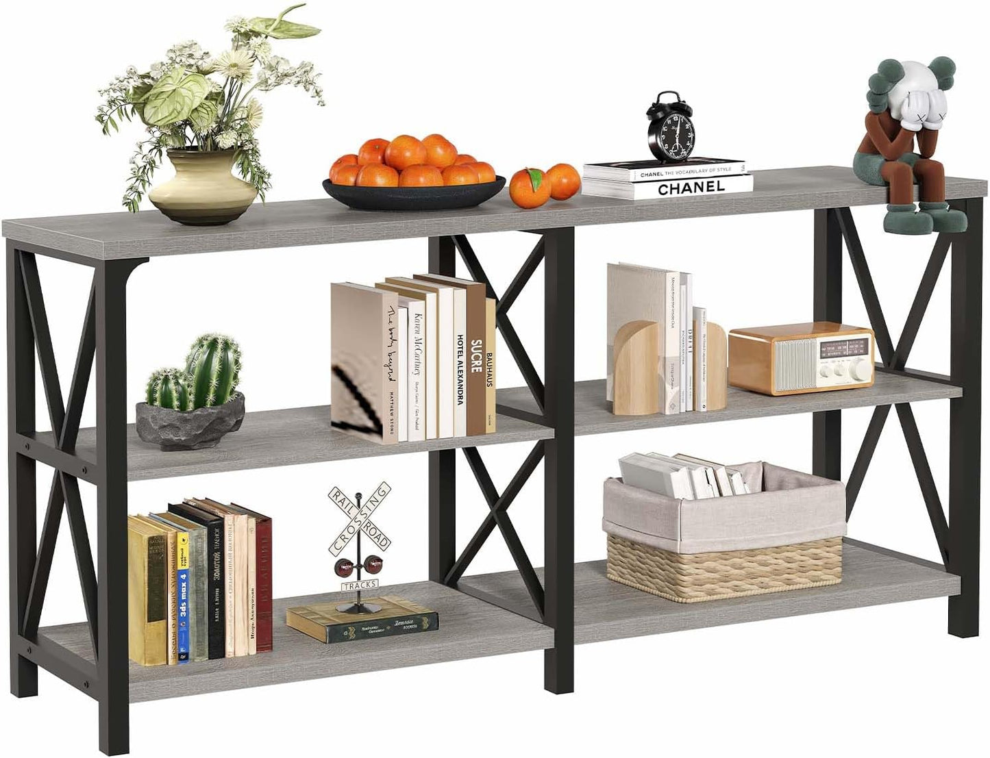 Industrial Entryway Table, Farmhouse Rustic Console Table behind Couch, Long Metal Wooden Sofa Table with Storage Shelf, Modern Foyer Hallway for Living Room Bedroom, Light Grey Oak, 63 In