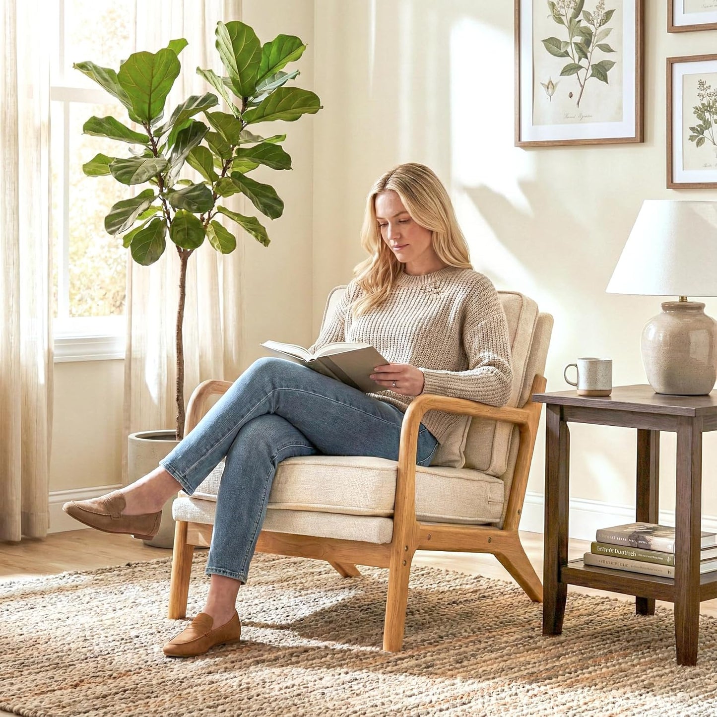 Mid-Century Accent Chair with Solid Wood Frame, Reading Relaxing Armchair Lumbar Pillow& Soft Cushion, Leisure Chair for Living Room, Bedroom, Waiting Room-Beige