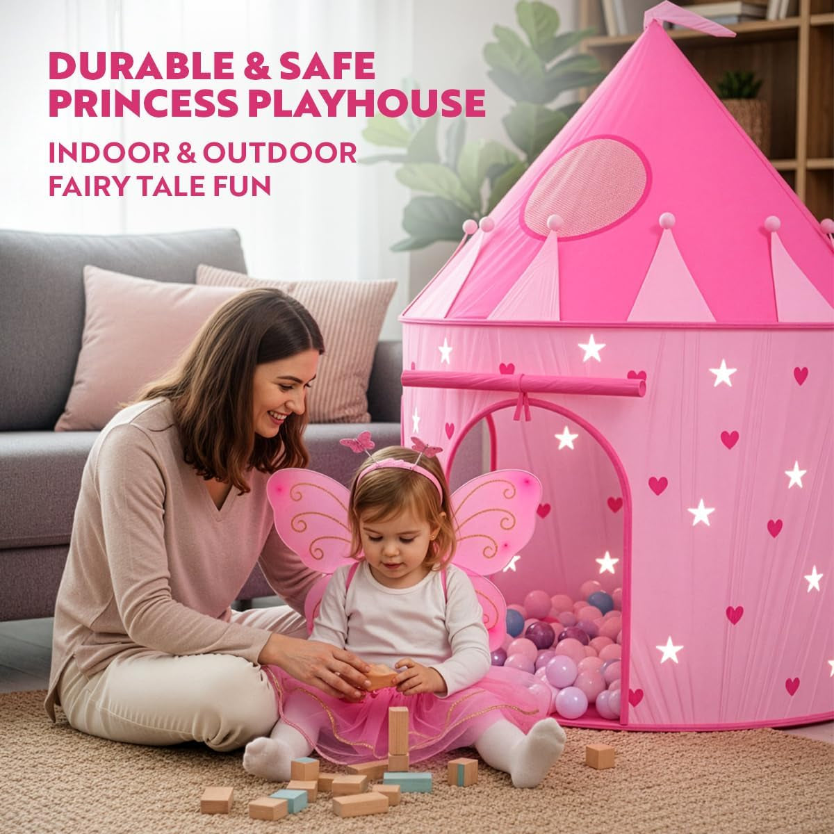 Princess Castle Pop up Tent & Dress up Set – Kids Pink Playhouse Tent for Girls with Glow in the Dark Stars, Foldable Indoor Outdoor Toddler or Baby Girl Tent with Carrying Case