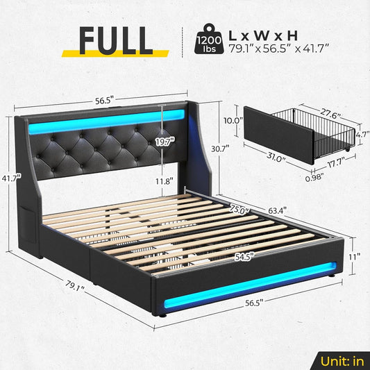 Full Bed Frame with LED Lights and Charging Station, PU Leather Bed with Drawers, Wooden Slats, Noise Free, Easy Assembly, Black