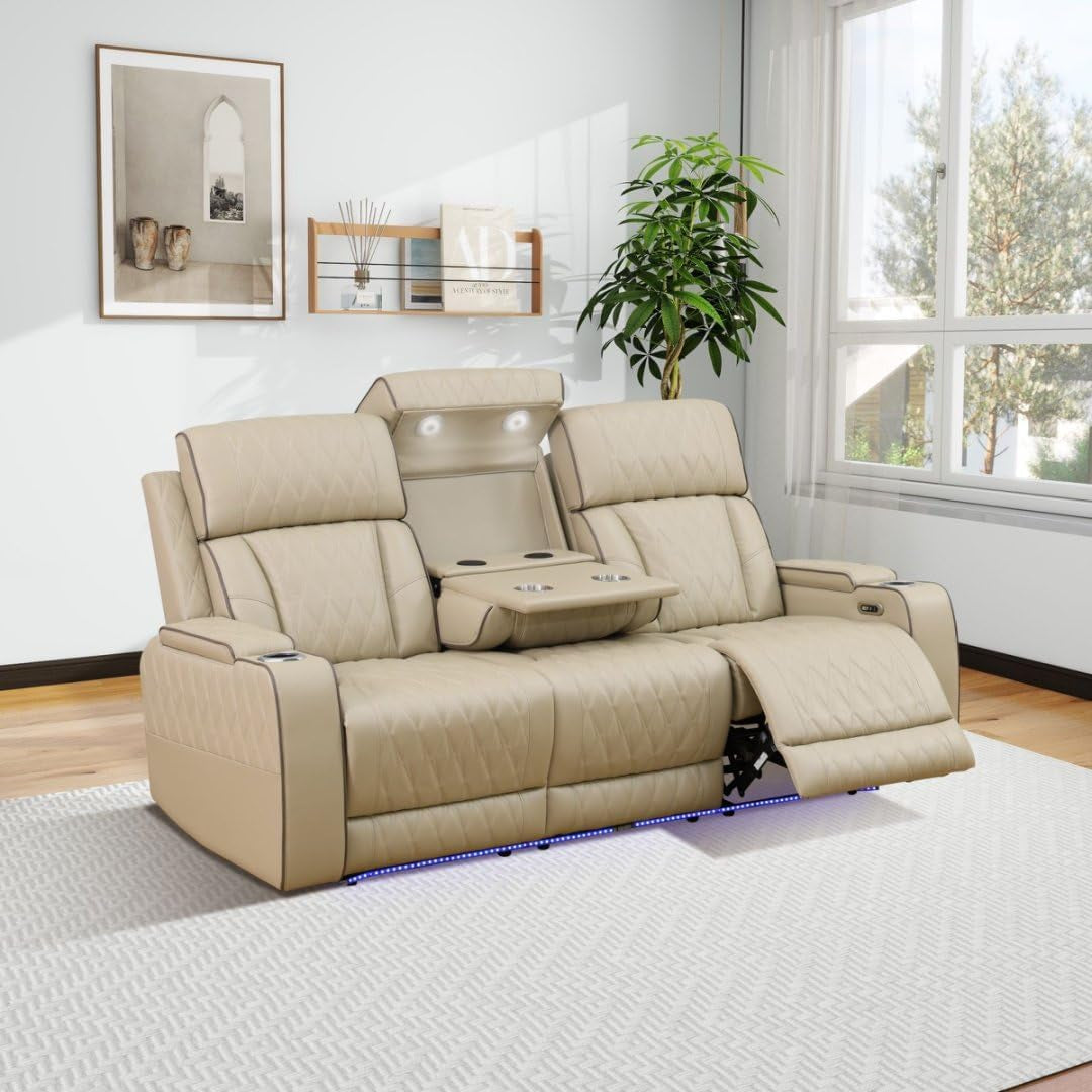 Leather Power Recliner Sofa Set with LED, Living Room Furniture Set, Leather Sofa Set with USB Port Storage Console Cup Holder for Office Living Room Home (Khaki)
