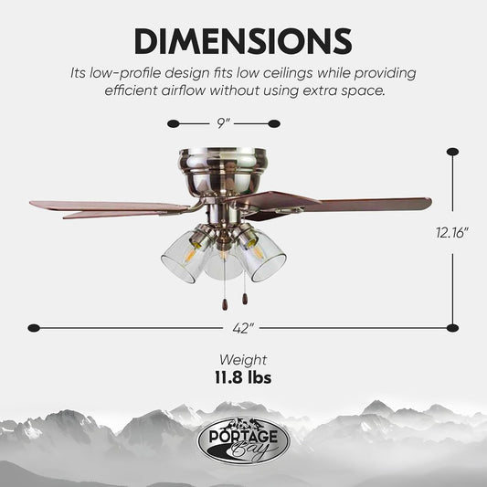 Ceiling Fans Renton 42" Brushed Nickel Indoor Fan with Clear 3 Light LED Multi Arm; E26/B11 Bulb and Pull-Chains, Traditional Style, 5 Reversible Barnwood/Dark Chestnut Blades, 51437