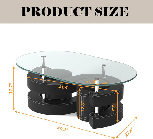 Oval Glass Coffee Table Set of 3, 0.39" Tempered Glass Top and S Shape Base, Modern Coffee Table with 2 Leather Stools, Accent Coffee Table for Living Room Bedroom, Black