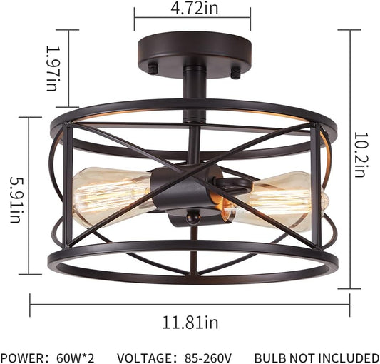 Black Semi Flush Ceiling Light Fixture, 2-Light Farmhouse Flush Mount Light Fixtures, Modern Industrial Metal Cage Pendant Lighting for Hallway, Bedroom, Kitchen, Foyer, Living Room, Dining Room