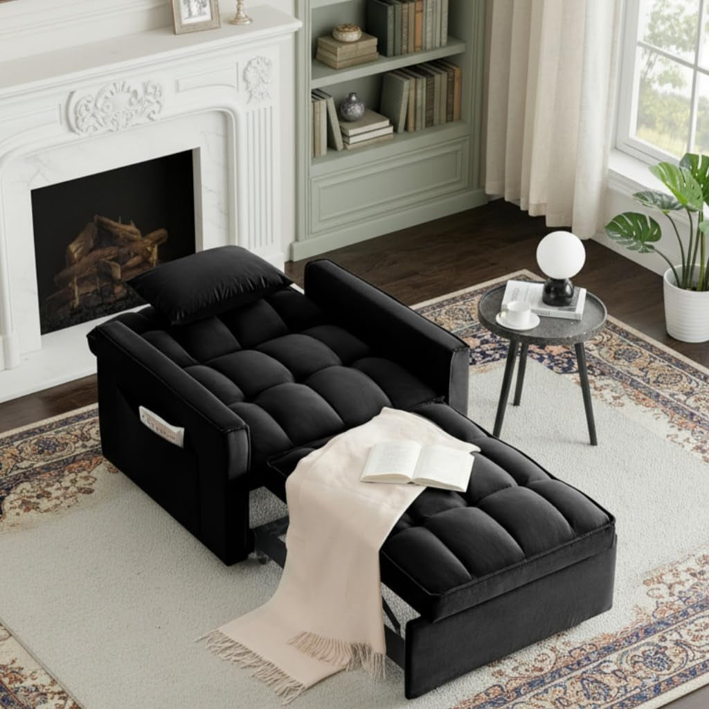 Convertible Sleeper Chair, Pull Out Chair Sleeper with Adjustable Back & Pocket, Chairs Bed Sleepers for Adults, 3 in 1 Sofa Bed Chairs for Small Spaces, Living Room, Black