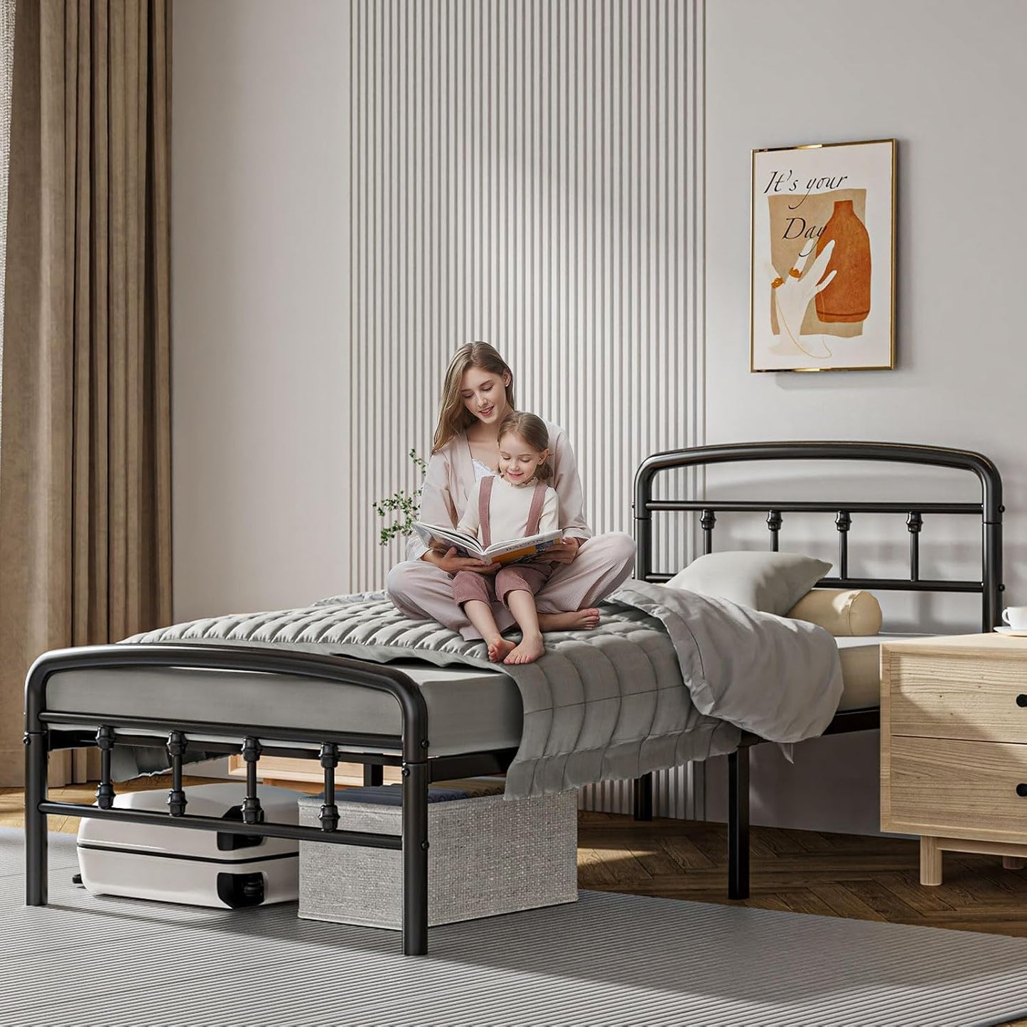 Metal Twin Bed Frames,1500 Lbs Heavy Duty Bed Frames with Headboard,Noise-Free Design & 12" Underbed Storage,No Box Spring Needed/Tool-Free Assembly
