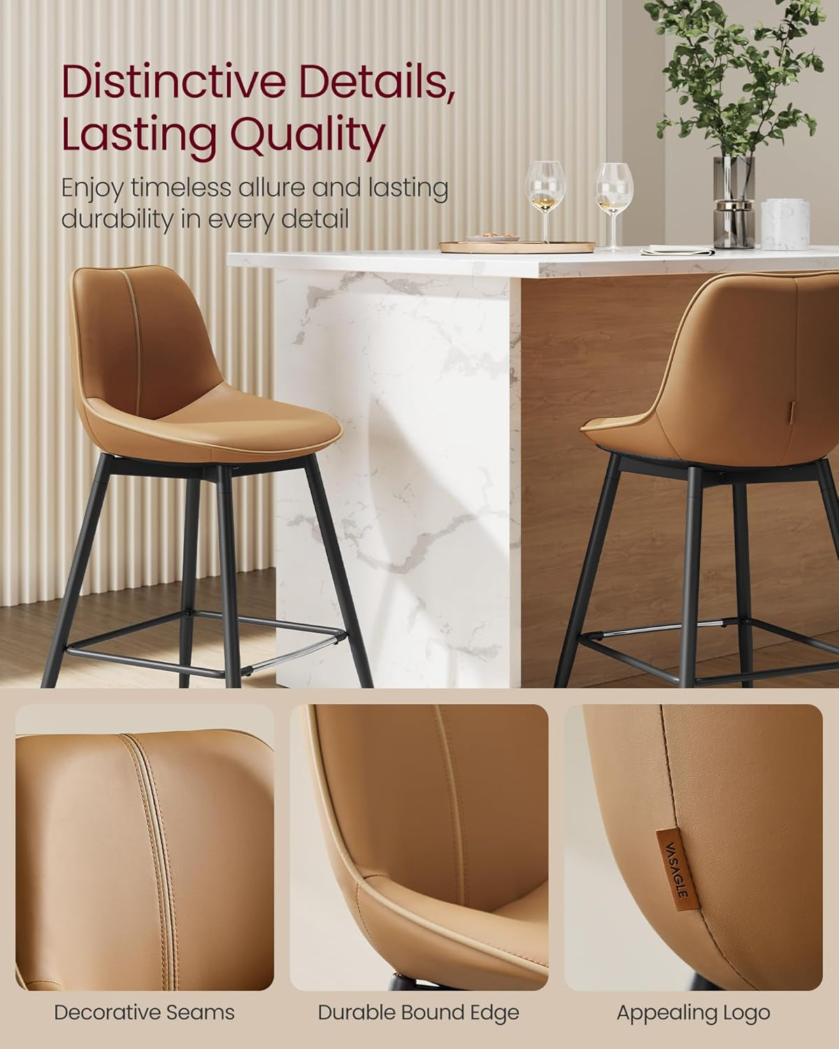 Bar Stools Set of 2, Counter Height Bar Stools with Back, Ergonomic Backrest, Synthetic Leather, Metal Legs, 24.8-Inch Tall Barstools for Kitchen Island Home Bar, Easy Assembly, Caramel Brown