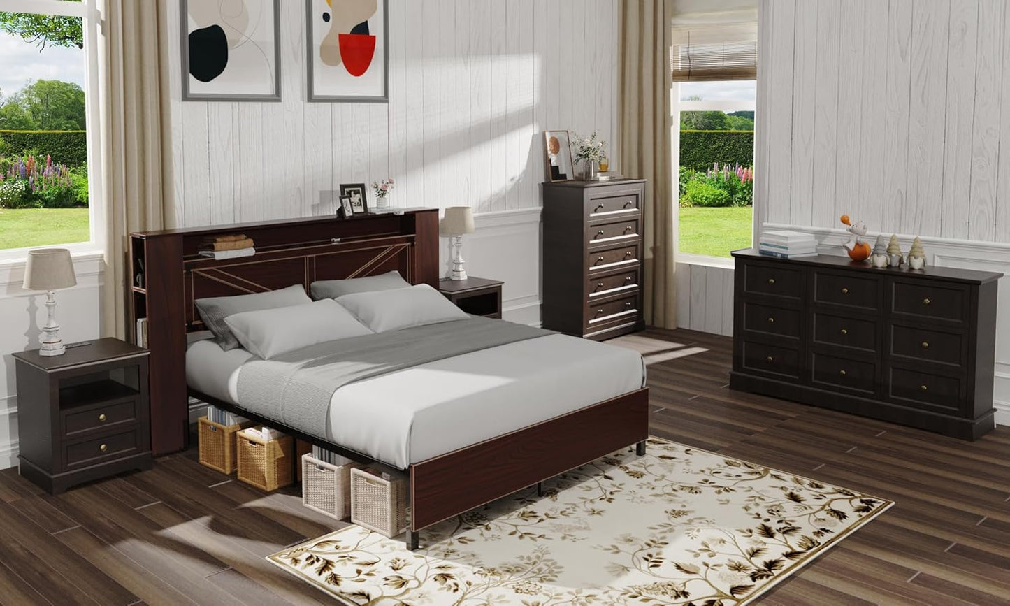 Farmhouse Bedroom Sets of 4, 4Pcs Farmhouse Dresser Set,Including 9 Drawer Dresser, 5 Drawer Dressers and Nightstand Set of 2 with Charging Station (Brown Sets, 4 Pieces)