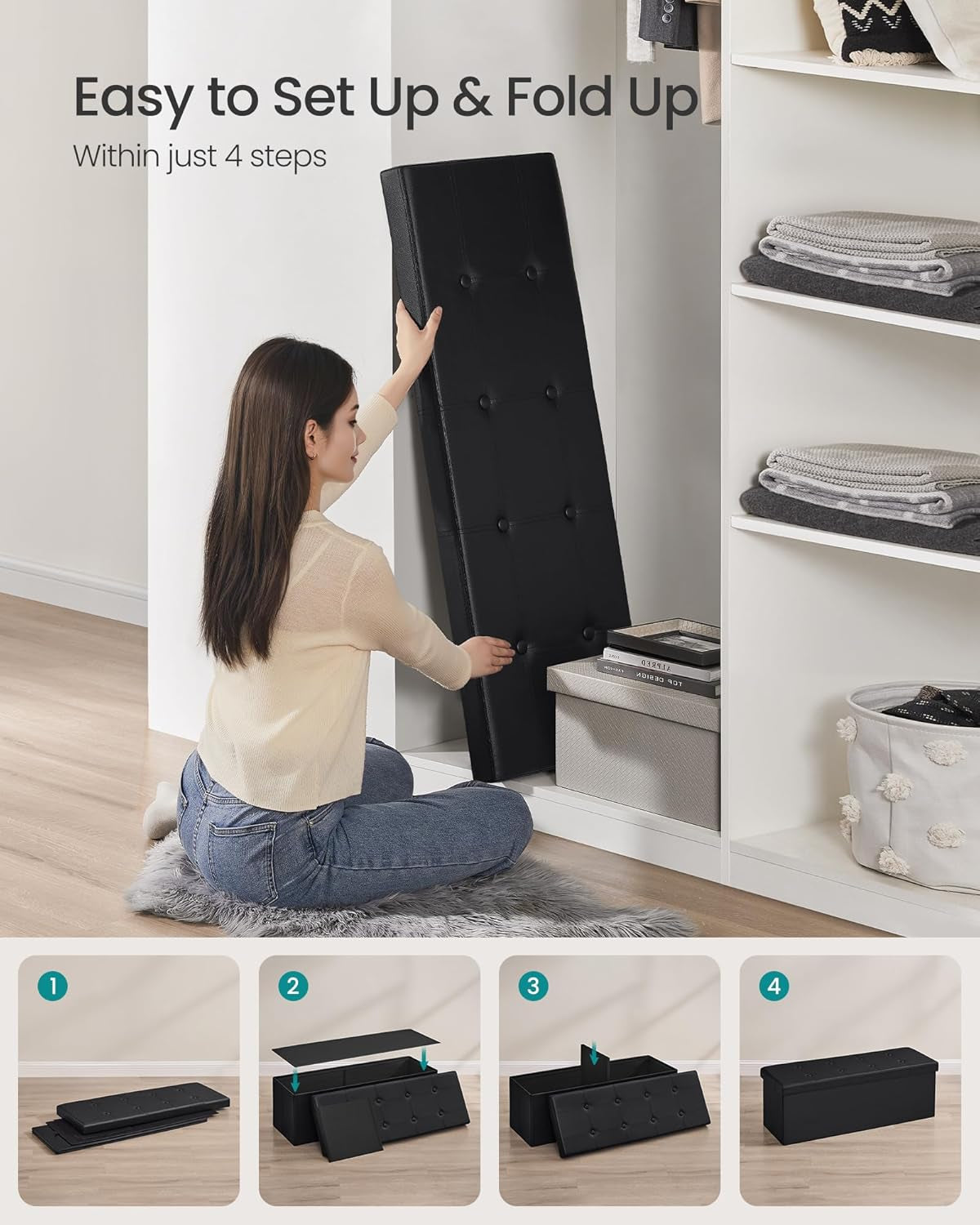 MAZIE Collection - 43 Inches Folding Storage Ottoman Bench, Ottoman with Storage, Foot Rest Stool, Load 660 Lb, for Living Room, Synthetic Leather, Black ULSF701