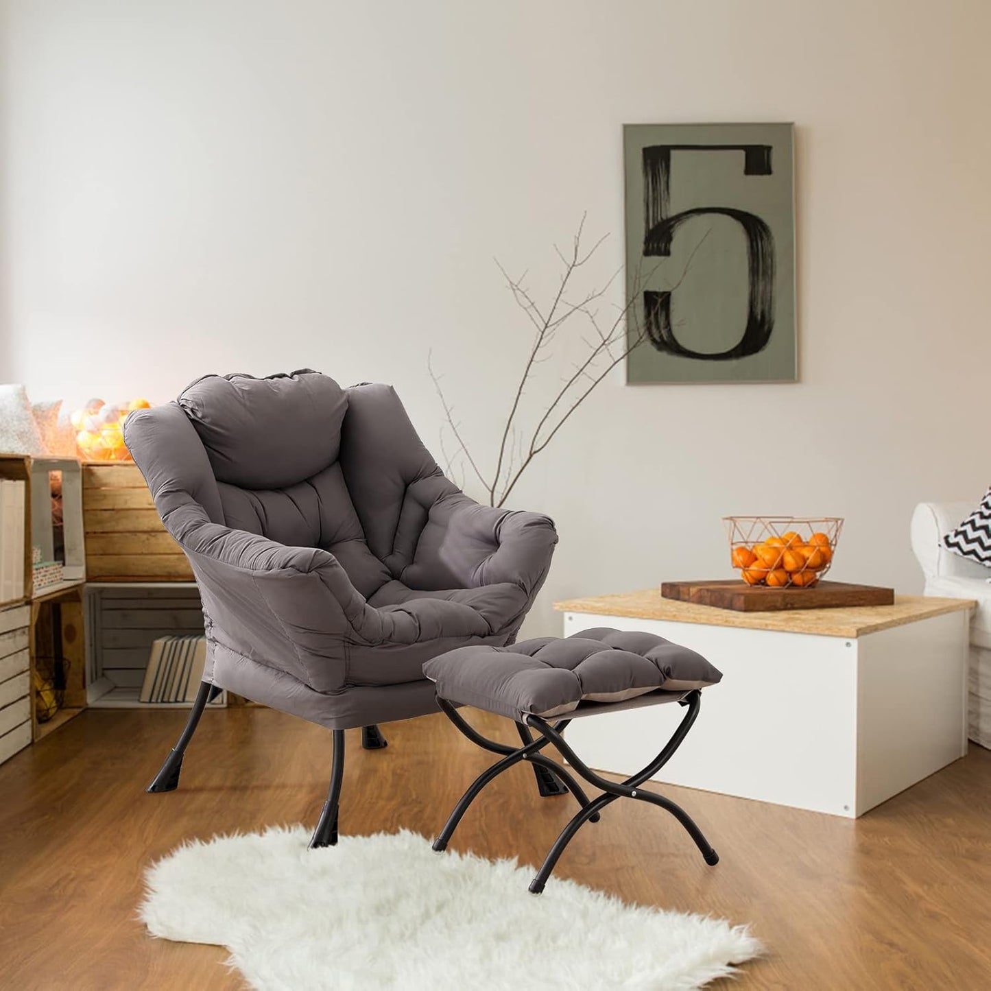 Lazy Chair with Ottoman, Modern Accent Leisure Upholstered Lazy Sofa Armchair, Contemporary Lounge Reading Chair with Armrests and a Side Pocket for Living Room, Bedroom & Small Space, Dark Grey