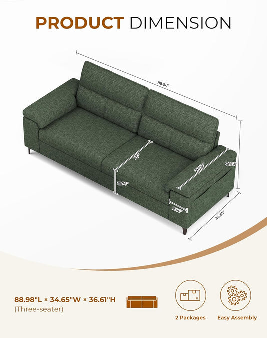 88.97" Modern Sofa Couch for Living Room, Deep Seat Sofas with 8”Cushion, Comfy 2-Seater Chenille Loveseat with Convertible Armrest, Removable Sofa Cover, High Leg (Green)