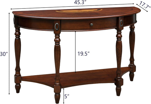 Solid Wood Console Table with Drawer, Semi-Circle Entryway Storage Shelf, Half-Moon Carvings Side Elegant Vintage Sofa for Living Room,Blank Wall Walnut SFZ1533WD-DR Brown 47.7*18*30.2