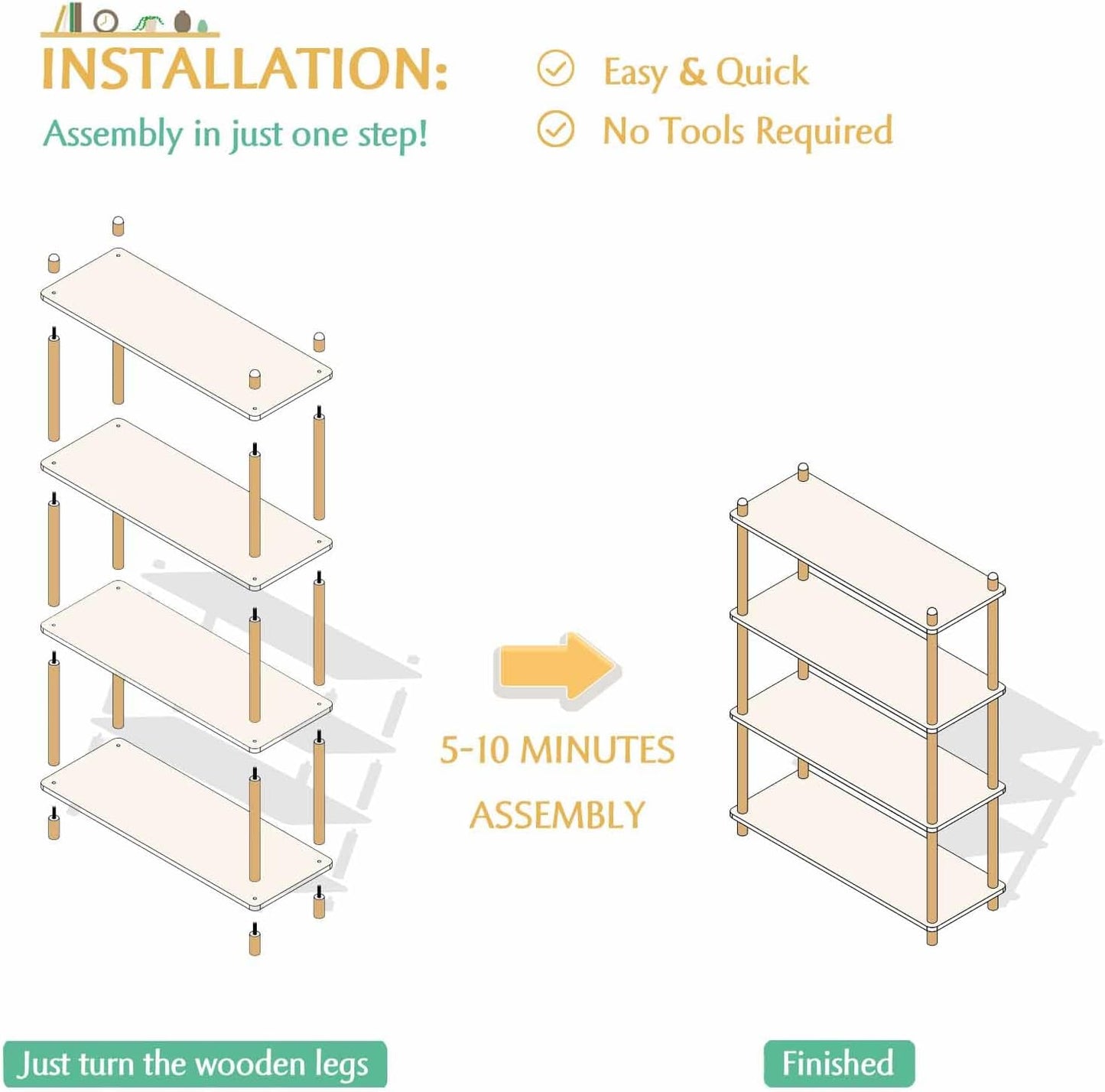 5-Tier Wooden Shelf Bookcase - Modern Open Bookshelf, Free Standing Storage Rack, Multifunctional Display Stand for Home and Office, Oak, Rectangle