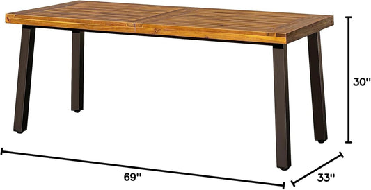 Home Acacia Wood Dining Table 6-Person Indoor Outdoor Table with Iron Legs, Sandblast Finish, Natural Stained, Rustic Metal, 69 * 33 * 30 Inch (Natural)