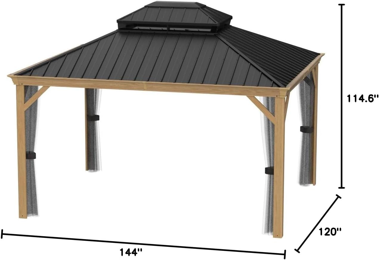 10' X 12' Outdoor Hardtop Gazebo for Patio Galvanized Steel Double Roof Permanent Canopy Teak Finish Coated Aluminum Frame Pavilion Gazebo with Netting
