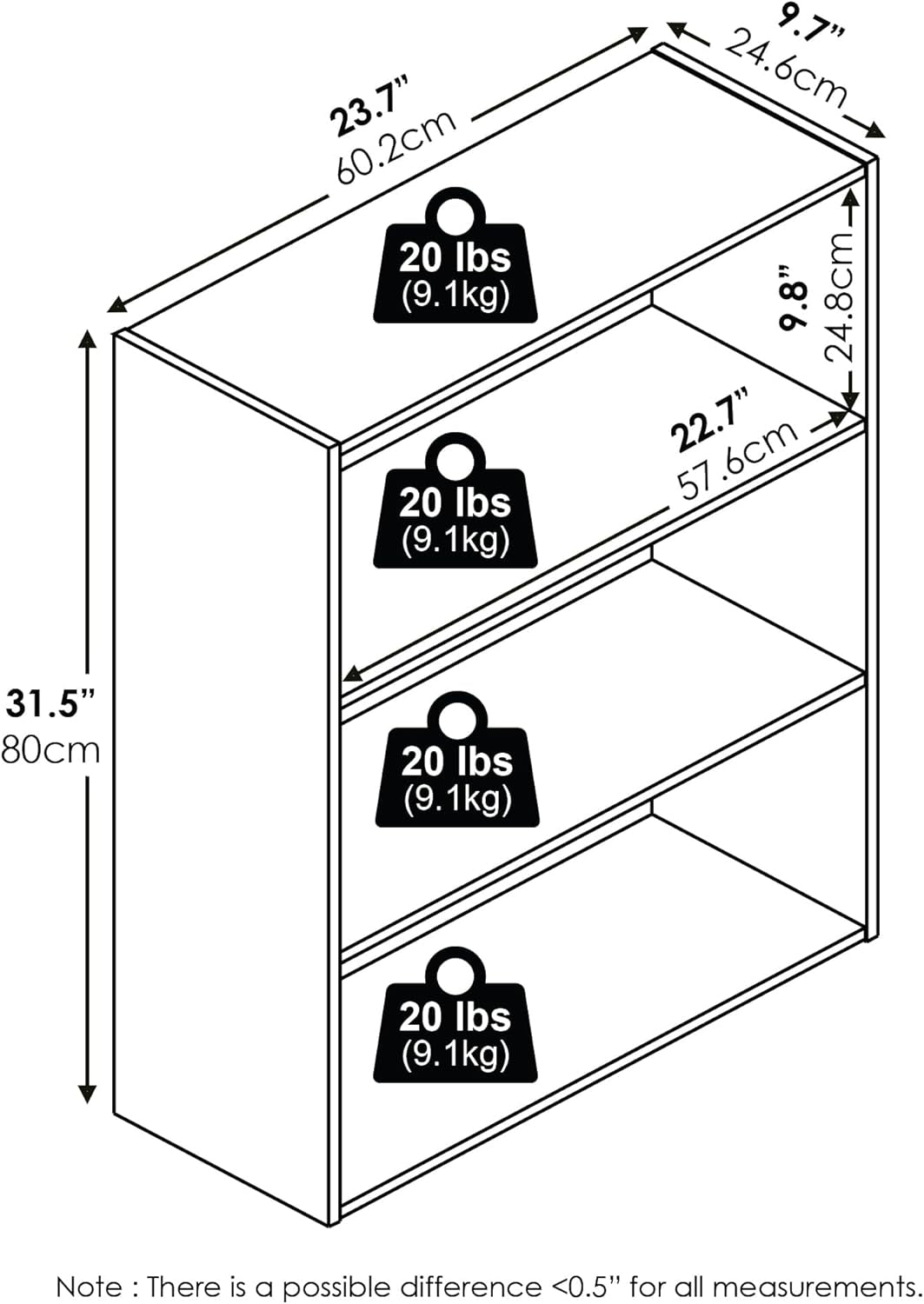 PASIR Book Shelf, 3-Tier Bookshelf, Storage Shelves Bookcase, 9.7 X 23.7 X 31.5, for Living Room, Bedroom, Home Office, Americano