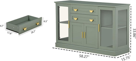 58.27'' Buffet Cabinet with 2 Drawers and Adjustable Shelves,Large Glass Door Coffee Bar Cabinet,Modern Farmhouse Sideboard Credenza for Kitchen,Green