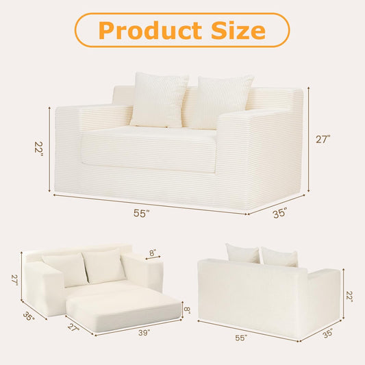 Boneless Loveseat Sleeper Sofa Bed, 3-In-1 Convertible Sofa Bed and Floor Futon with 4 Pillows, 55" Beige Boneless Couch for Living Room, Guest Room, Small Space, No Assembly Required, Corduroy