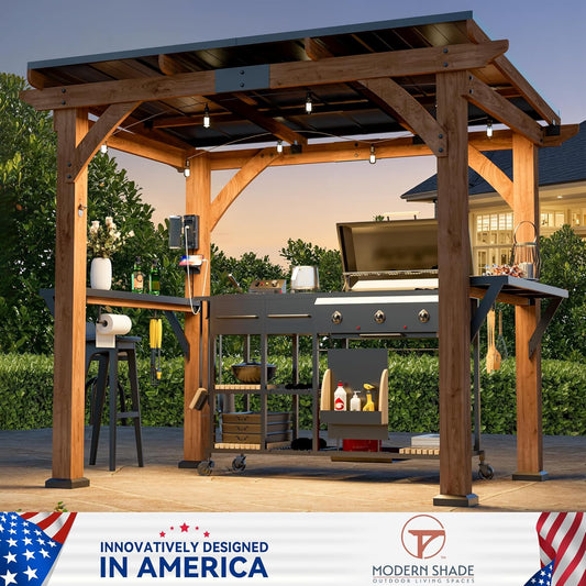 Modern Shade Grill Gazebo 6' X 8', Cedar Wood Gazebo with Shelves and Paper Towel Holder, Patio Pavilion with Galvanized Steel Roof, USB and USB-C Charging Ports for Patio Backyard
