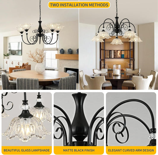 5-Light Chandeliers in Matte Black Finish with Crystal Glass Shades, Farmhouse Chandelier Light for Dining Room,Hallway,Kitchen