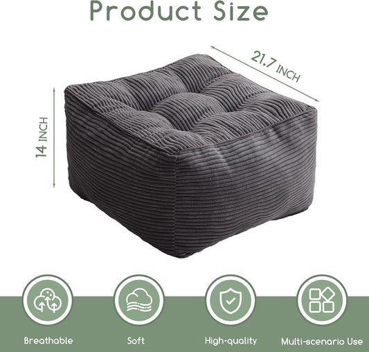 Square Stuffed Pouf Ottoman, Corduroy Poufs with Foam Chunk Filling, Furry and Fluffy Pouf Foot Stool Storage Ottoman, 21 X 21 Floor Poufs Foot Rest for Living Room, Dark Grey