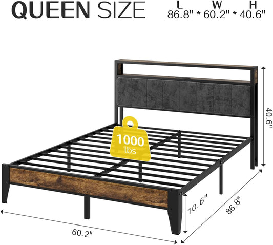 Queen Bed Frame Metal Platform Bed Queen Size with 2-Tier Storage & LED Light Headboard, Charging Station Type C, No Box Spring Needed