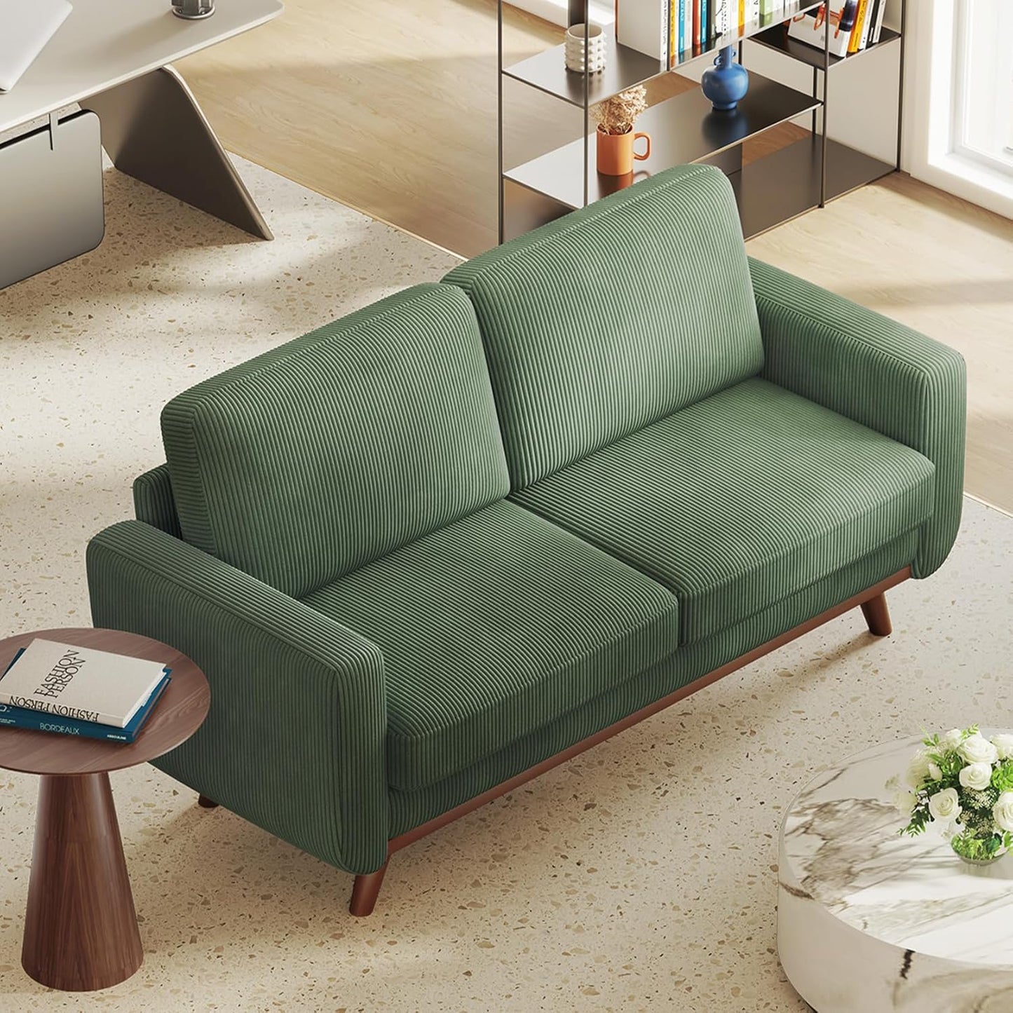 68" Loveseat Sofa - Green, Comfy Corduroy with Spring Cushion, Solid Wood Frame, Modern Deep Seat, Bedroom & Living Room, Office Couch