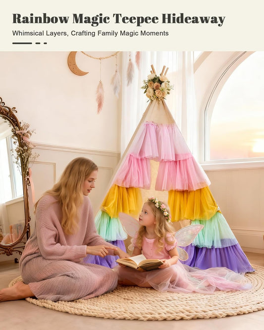 Teepee Tent for Kids, Toddler Teepee with Star Lights & Rainbow Tulle, Girls Princess Play Tent, Foldable Kids Teepee Tent for inside Playhouse Kid Toy Gift
