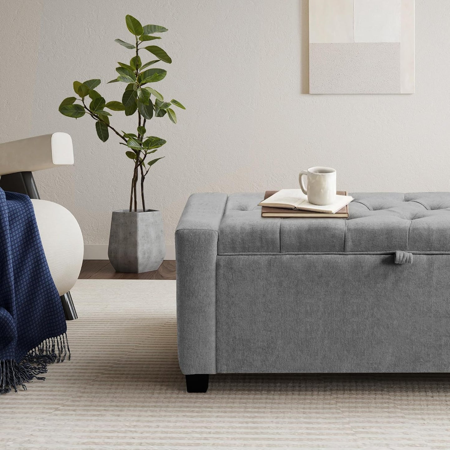 Storage Ottoman Bench, Linen Fabric End of Bed Storage Bench with Button Tufted, Safety Hinge Lid, Large Ottoman for Bedroom, Living Room & Entryway